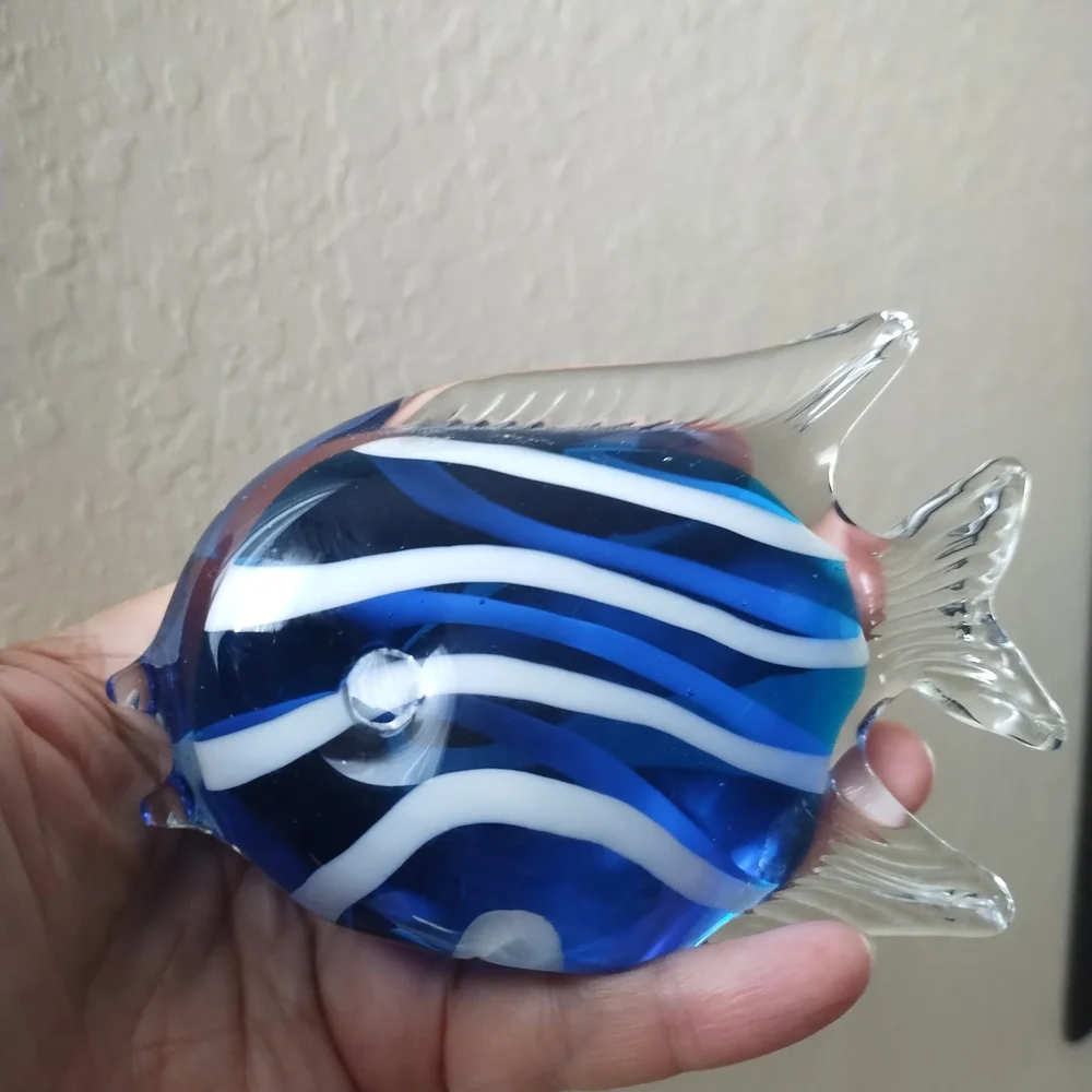 Murano Style Beautiful Paperweight Fish Blue and White Glass Fish Figurine
